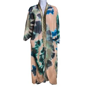 SUKI SO Womens Kimono Robe Est Sz L Abstract Print Sheer Open‎ Front Flowy Artsy